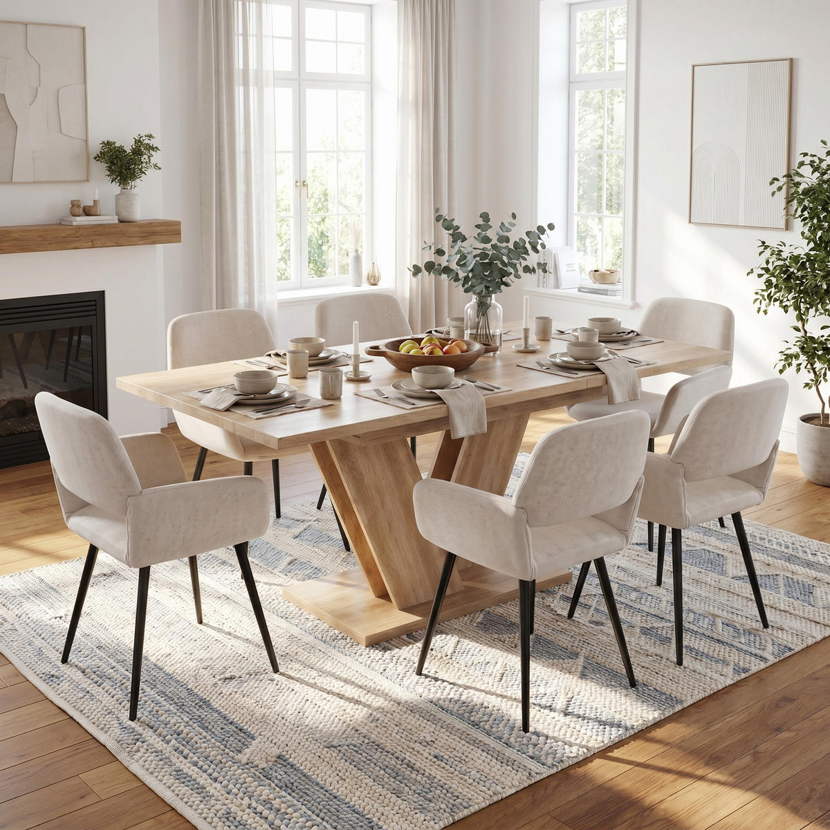 ESSTISCH-SET 1+6, ausziehbarer Tisch mit 6 Esszimmerstühlen - Eichefarben/Schwarz, Holzwerkstoff (180/75.5/80cm) - Urban Meuble