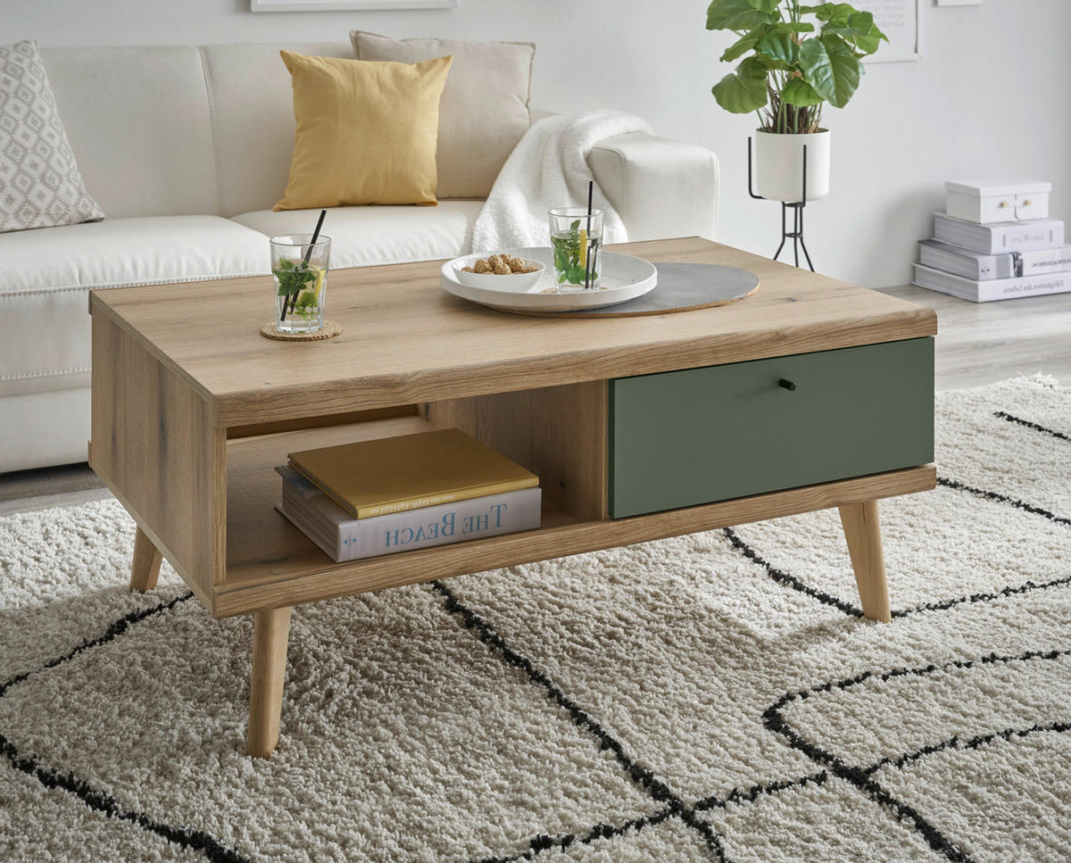 COUCHTISCH Salbei grün, Eiche Evoke, skandinavisch 107 x 67 cm, Wohnzimmertisch mit Stauraum - Eichefarben/Salbeigrün, Holz/Holzwerkstoff (107/67/46cm) - Furn.Design