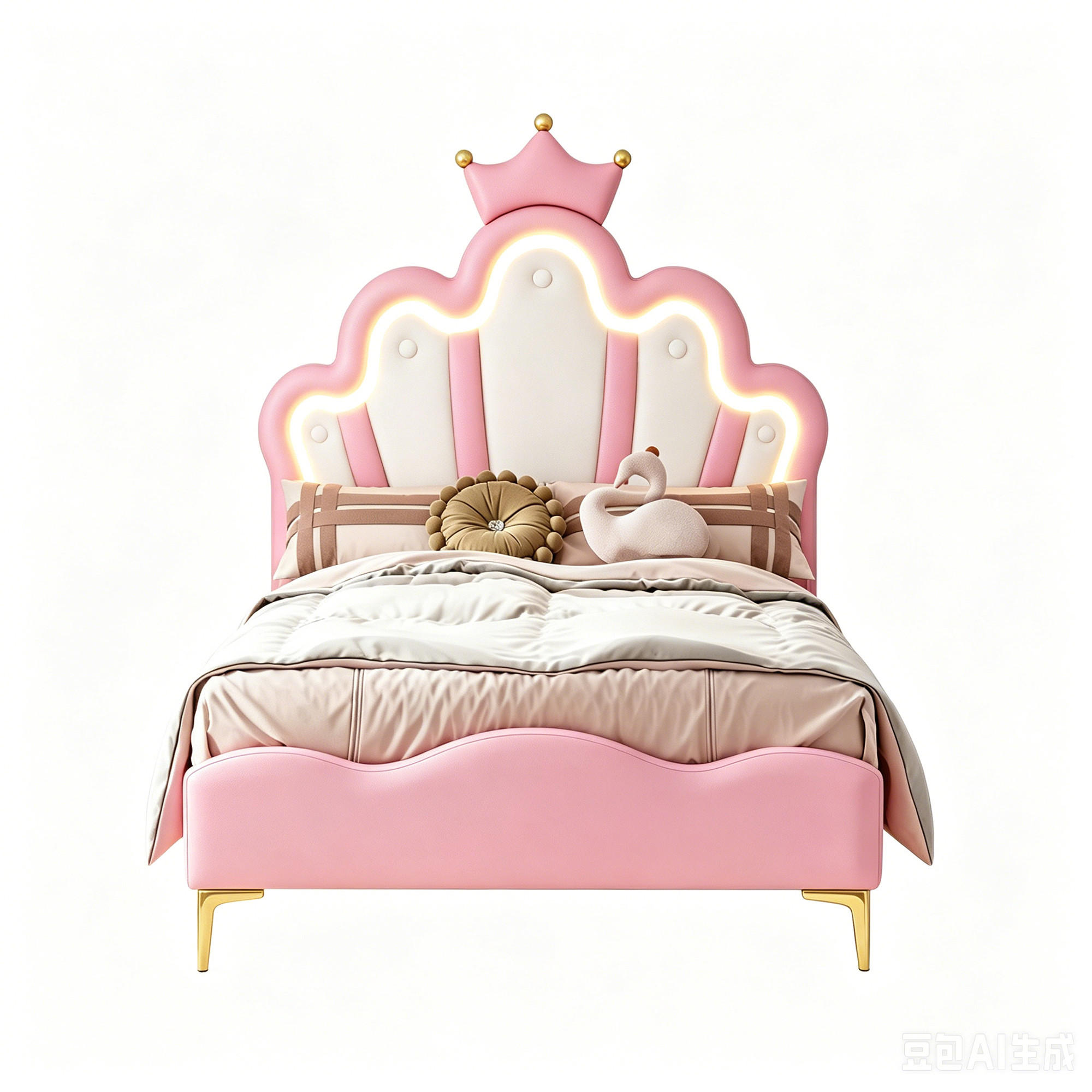 KINDERBETT 90x200 mit LED, Blütenblatt Kopfteil mit Krone, Rosa PU, höhenverstellbar - Pink, Leder/Holz (90/200cm) - GENKI LIVING