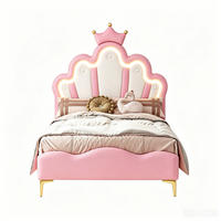 KINDERBETT 90x200 mit LED, Blütenblatt Kopfteil mit Krone, Rosa PU, höhenverstellbar - Pink, Leder/Holz (90/200cm) - GENKI LIVING