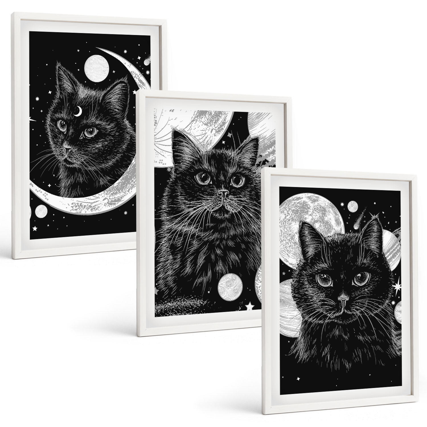 BILDER SET 3er Set - 40x60 cm Weißer Rahmen - Schwarze Katzen, Mond, Weltraum - Weiß, Kunststoff (40/60cm) - TULUP