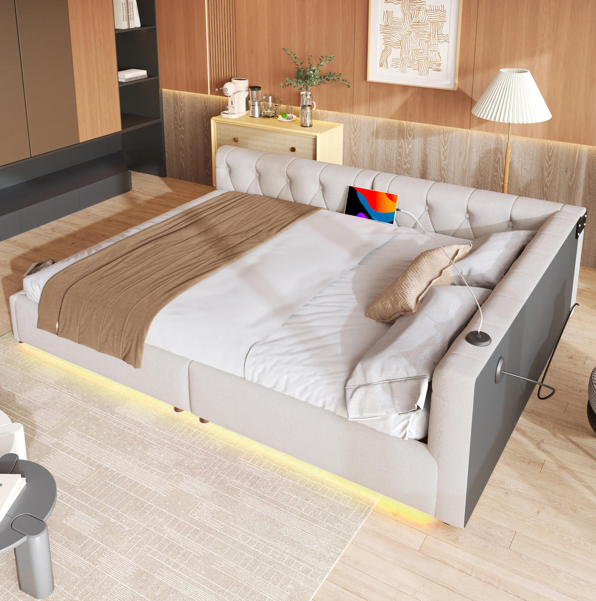 ROZKLADACIA posteľ z ľanu a MDF 140x200 cm béžová s USB, USB-C, LED osvetlením a čalúneným čelom - béžová, textil (140/200cm) - Modfu