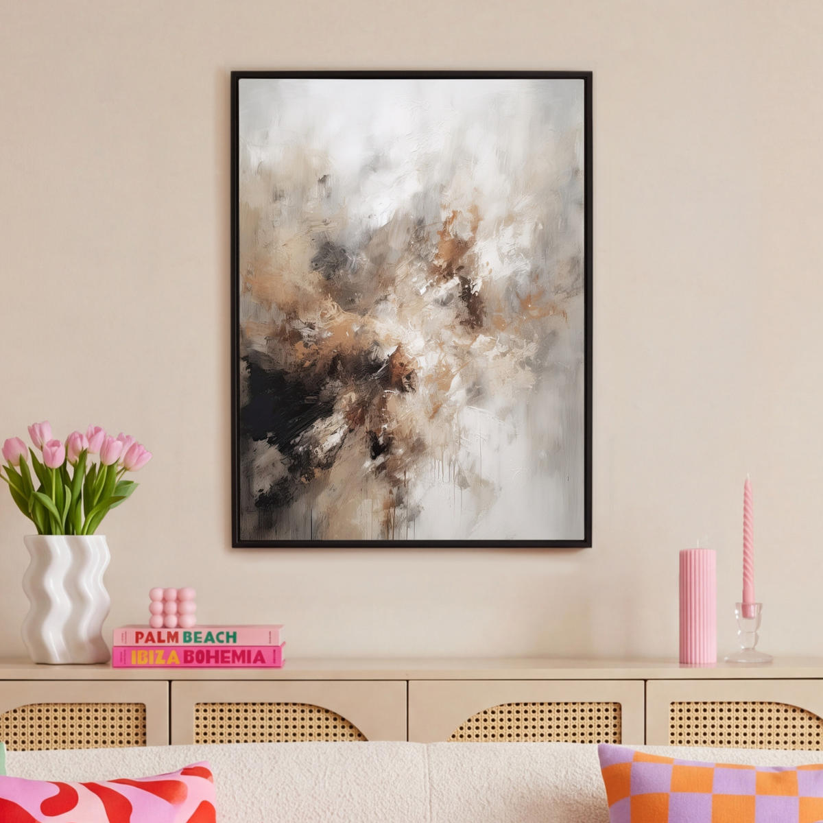 LEINWAND Bilder mit Rahmen - Farbe - Abstrakt - Beige - Kunst - 70x100 - Greige, Textil (70/100cm) - MuchoWow