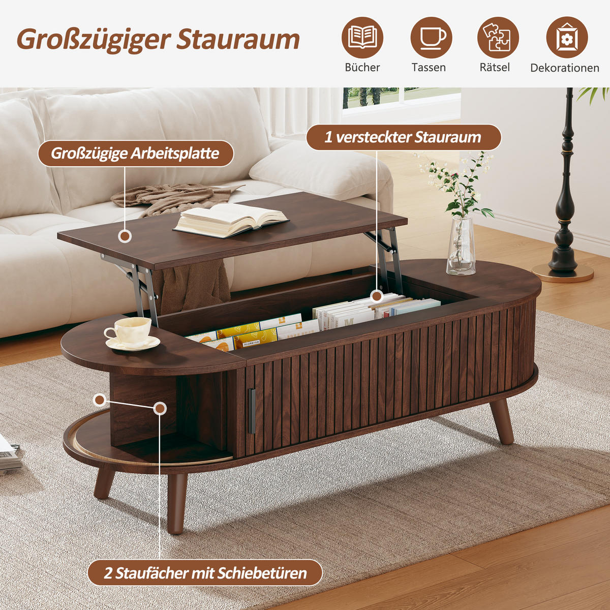 COUCHTISCH 120x50x39.5 cm Nussbaum Lift Stauraum 5 Fächer - Walnussfarben, Holzwerkstoff (120/50/39.5cm)