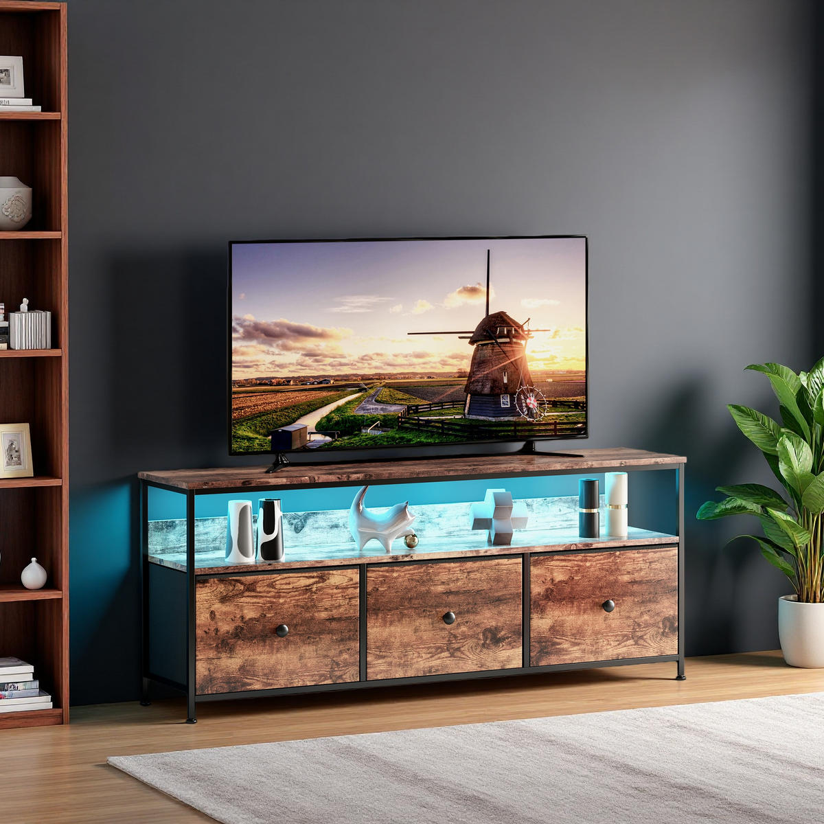 LOWBOARD WoodenAura mit LED-Beleuchtung, 108x29.8x57 cm, mit drei Schubladen, Stoffmaterial - Eiche Artisan, Metall (29.8/57/108cm) - WoodenAura