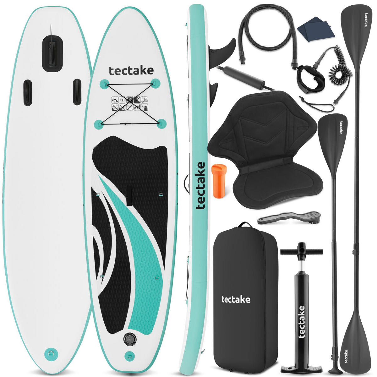 STAND-UP-PADDLE-BOARD 2in1 aufblasbar, Komplettset mit Fußschlaufe, 288 x 77 x 22,5 cm, bis 200 kg belastbar - Weiß, Kunststoff (288/77/0.23cm) - tectake