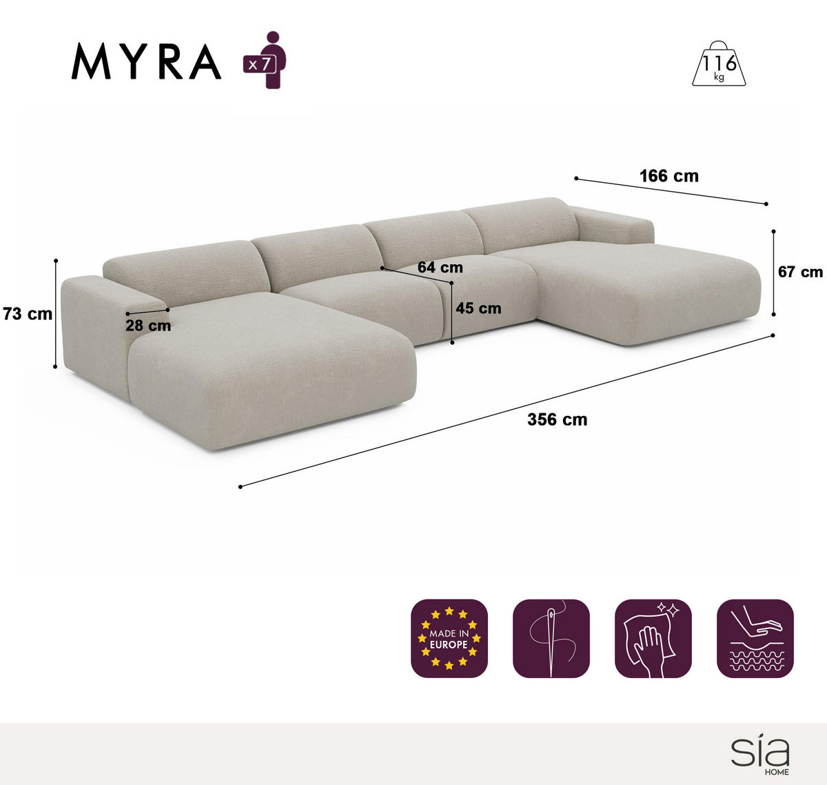 WOHNLANDSCHAFT Texturierter Samt Beige 356cm - Beige, Textil (356/73/166cm) - Sia Home