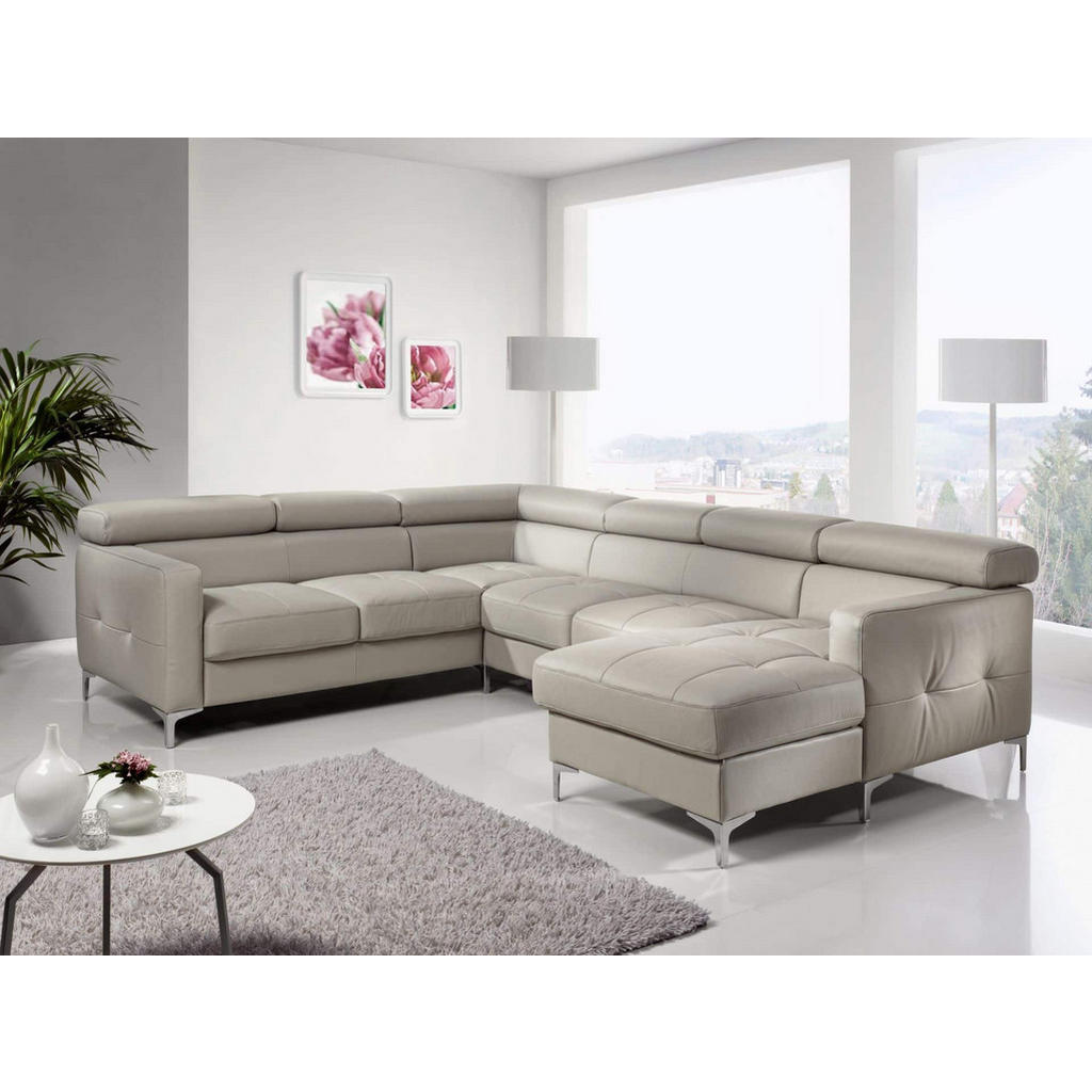 Thumbnail - Cotta Wohnlandschaft, Hellgrau, Metall, Echtholz,Fichte, 6-Sitzer, U-Form,L-Form, 304x74x240 cm, Wohnzimmer, Sofas & Cou...