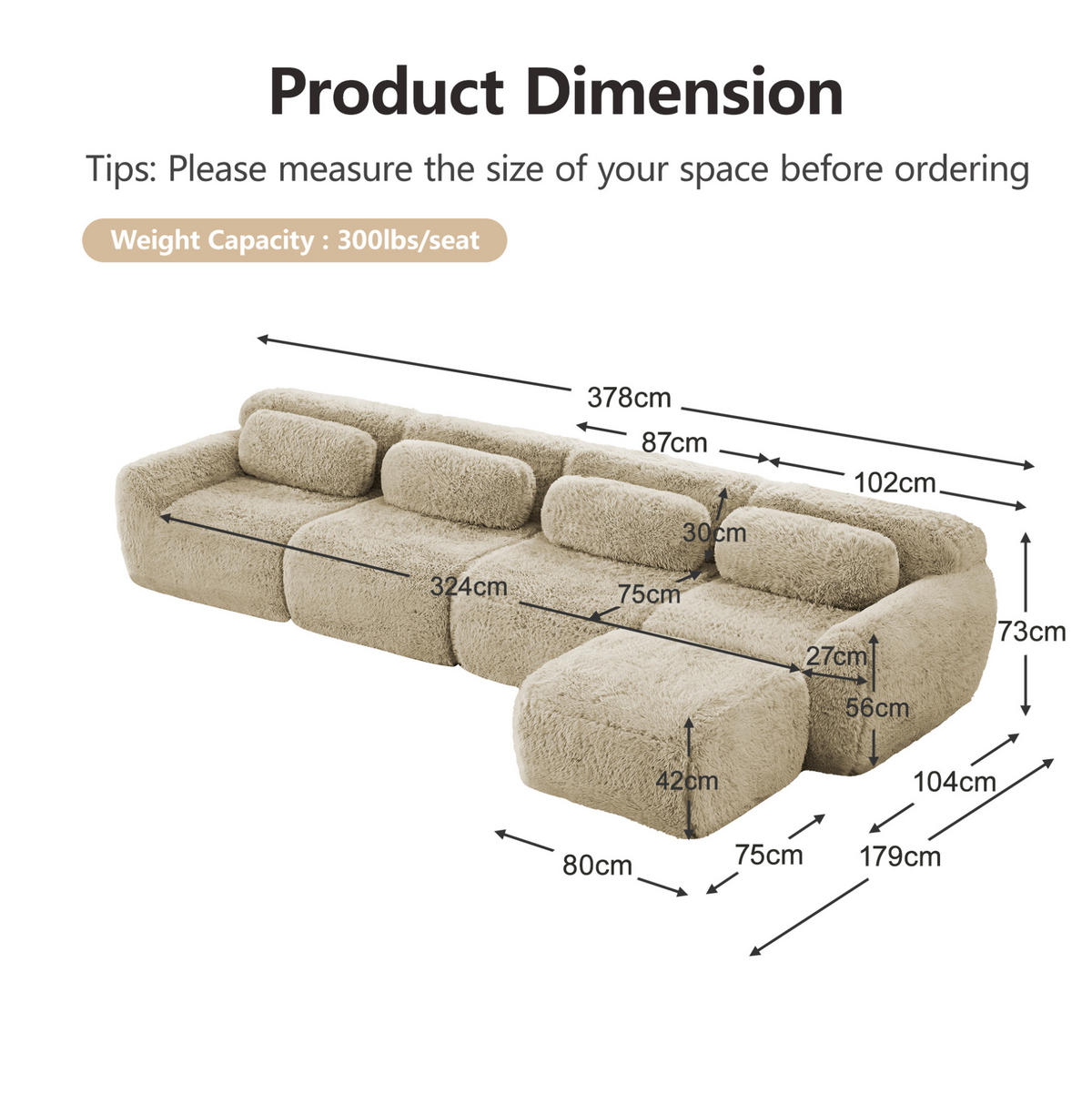 ECKSOFA 378/179/73 cm hellkhaki aus Plüsch als 4-Sitzer Ecksofa ohne Montage - Beige, Textil (179/378cm) - OKWISH