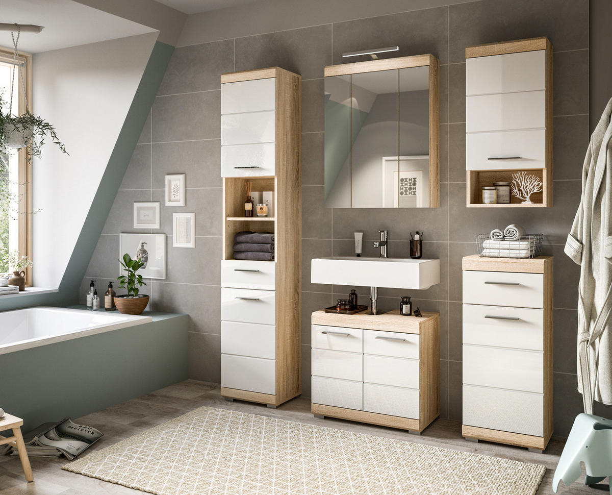 KOMMODE weiß Hochglanz, Eiche 37 cm Badschrank mit Vollauszug - Weiß Hochglanz/Eichefarben, Holzwerkstoff/Kunststoff (37/88/31cm) - Inn.Furn