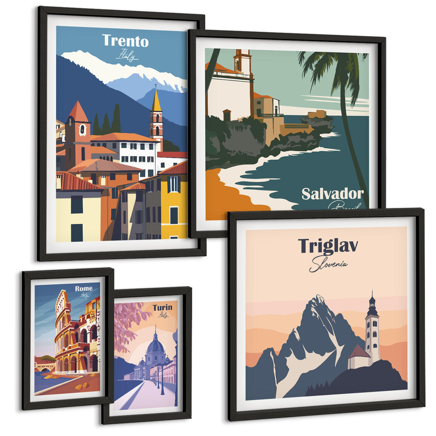 BILDER SET 5er Set - 50x50 cm & 20x30 cm & 40x60 cm Schwarzer Rahmen - Blicke auf berühmte Orte am Meer - Schwarz, Kunststoff (40/60cm) - TULUP