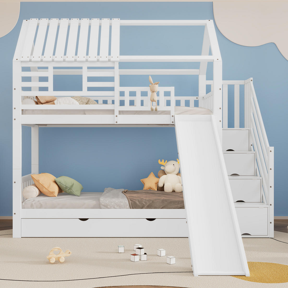 POSCHODOVÁ posteľ 90/200 cm biela so schodmi, šmykľavkou a úložným priestorom z masívneho dreva a MDF - biela, kompozitné drevo (90/200cm) - OKWISH