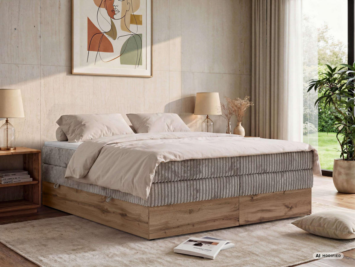 BOXSPRINGBETT WOOD ZERO KING 140/200 - Hellbraun Cord - Topper T25 - H4 - Hellbraun/Schwarz, Kunststoff/Textil (140/200cm) - MKS