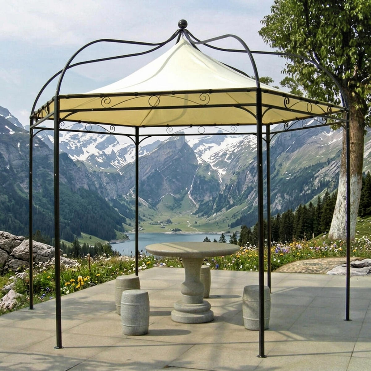 PAVILLON Mondura, Gartenpavillon, 3,2 Meter, 6-eckig, Stahl schwarz, Plane PVC-beschichtet, écru - Naturfarben, Kunststoff (320/300/320cm) - TPFGarden