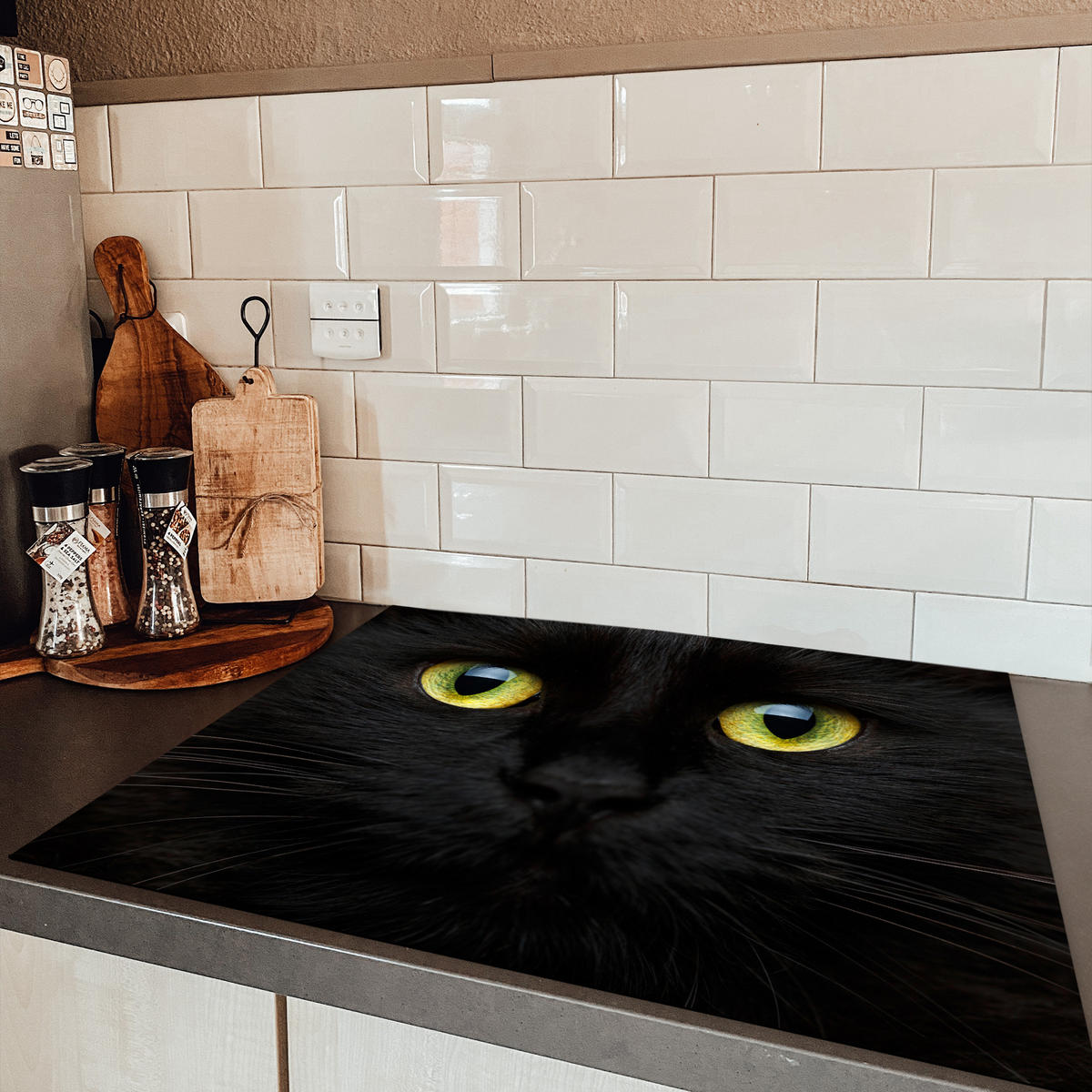 HERDABDECKPLATTE Katze - Augen - Gelb - Schwarz Induktionsmatte 77x59 cm - Schwarz, Kunststoff (77/59/0.2cm) - MuchoWow