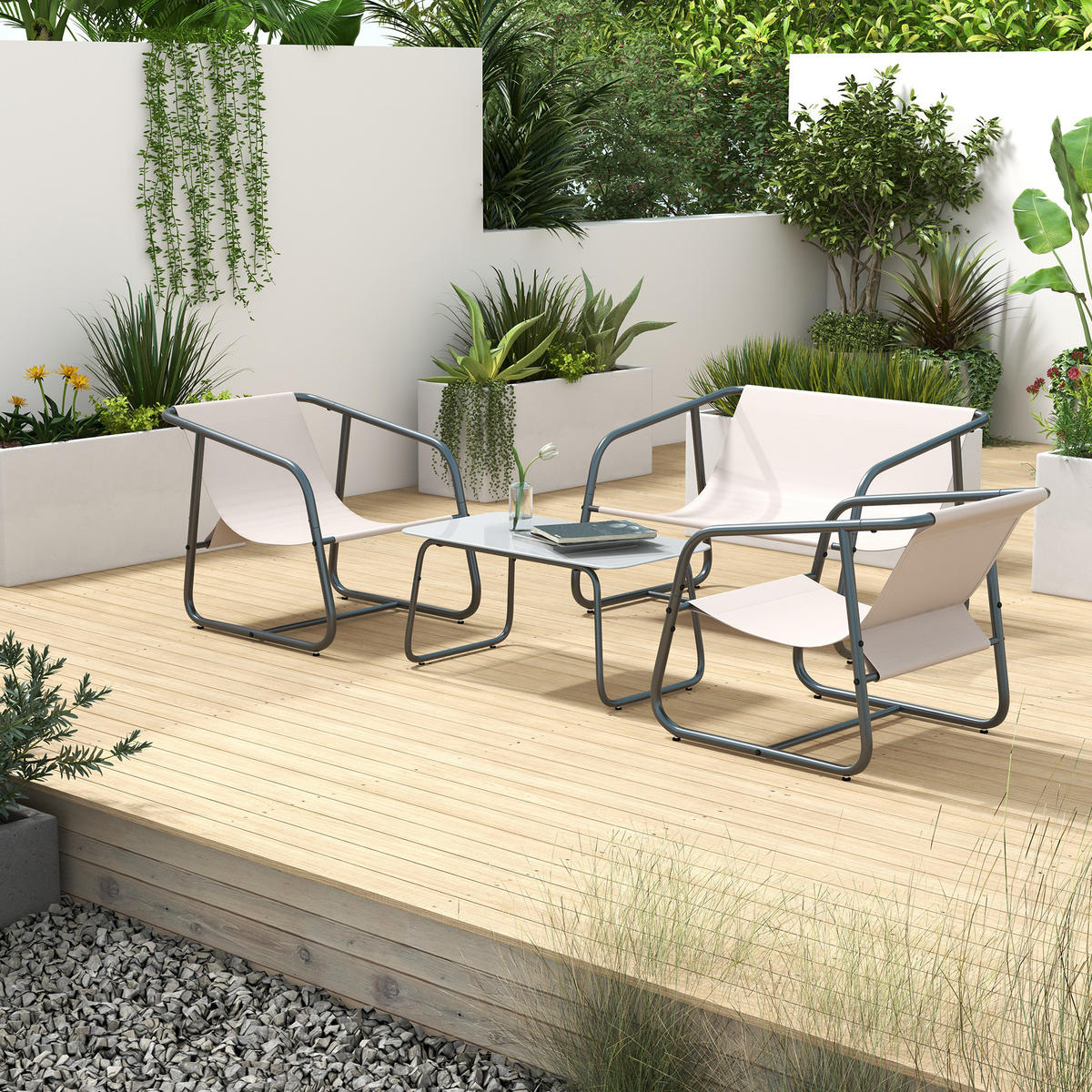 GARTENMÖBEL Set, Stahl, Mesh, Cremeweiß - Creme, Textil/Metall - Outsunny