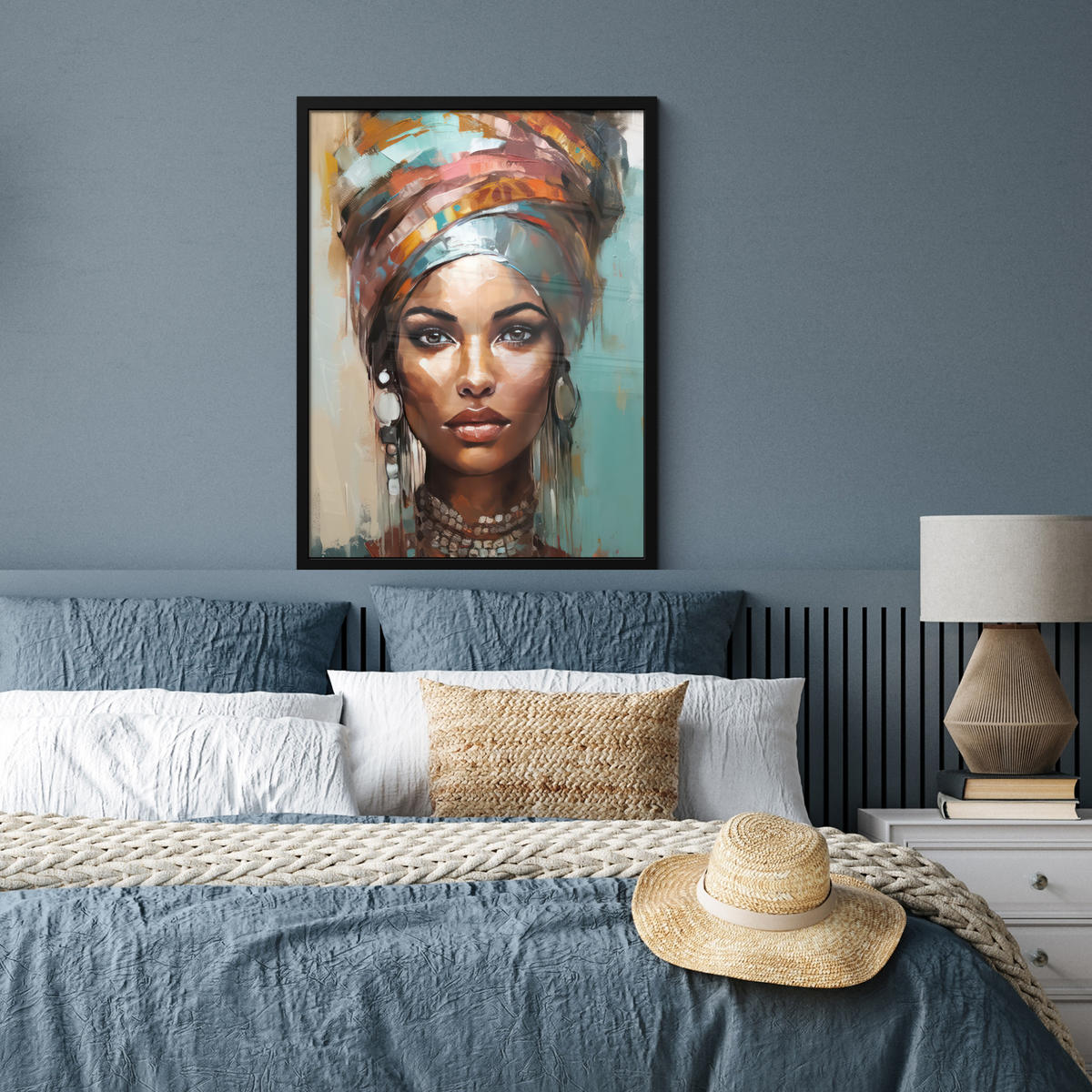 GERAHMTES BILD Frau - Kunst - Schmuck - Porträt 60x80 cm - Blaugrau, Papier (60/80cm) - MuchoWow