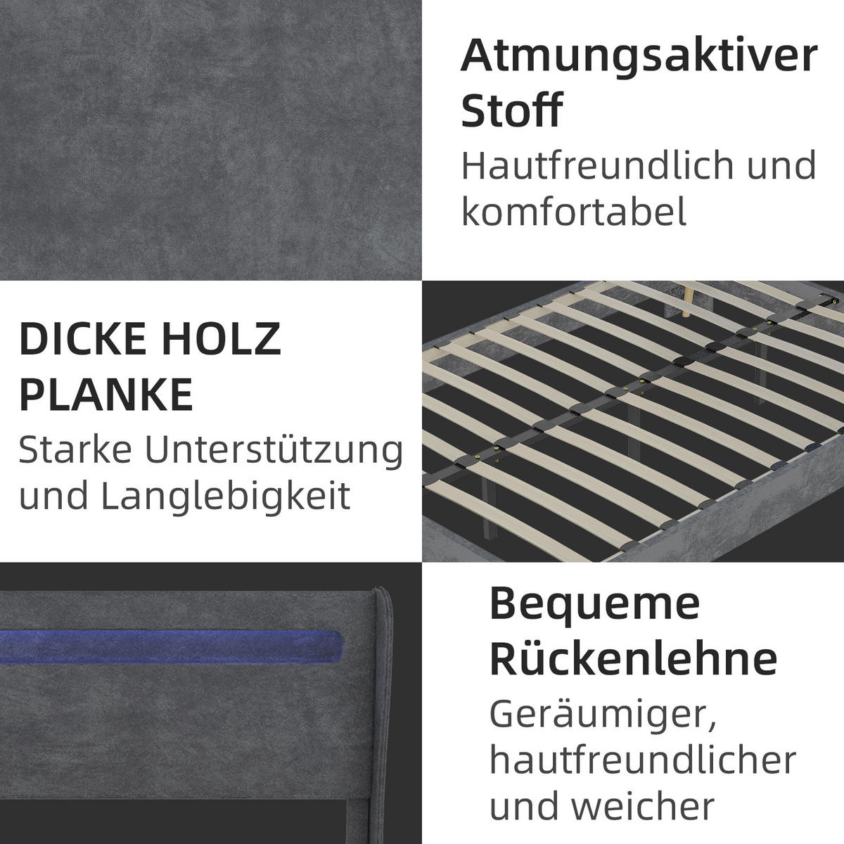 POLSTERBETT 160x200 cm LED Kopfteil grau - Grau, Textil (160/200cm) - LEBENLANG