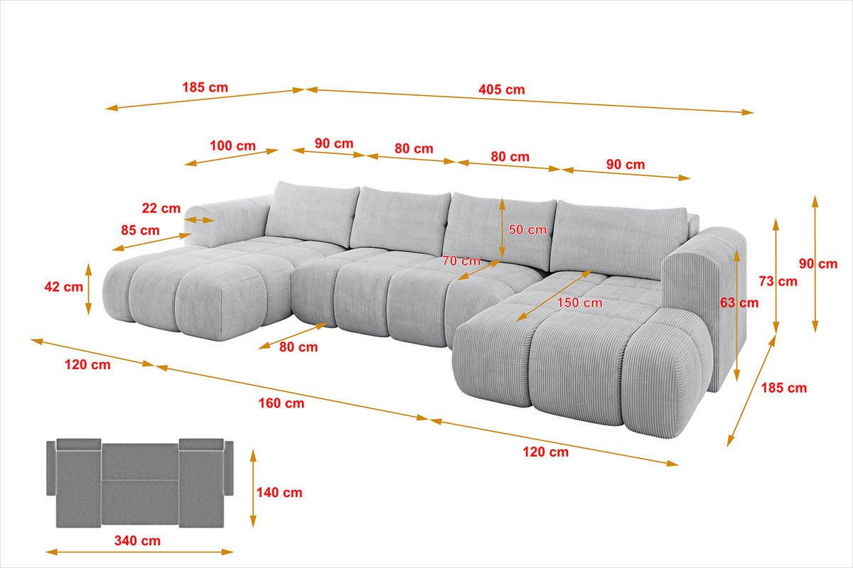 WOHNLANDSCHAFT CLOUD-U 405x185x90 Grau Cord - Grau, Holzwerkstoff/Kunststoff (405/90/185cm) - ALTDECOR