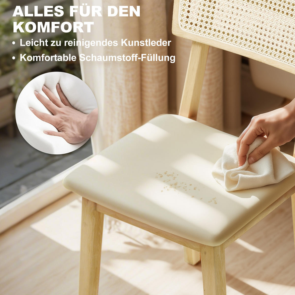 ESSZIMMERSTUHL Küchenstuhl mit Rückenlehne, Polsterstuhl mit Holzbeine, Natur - Creme/Naturfarben, Holz/Kunststoff (46.5/85/53cm) - HOMCOM