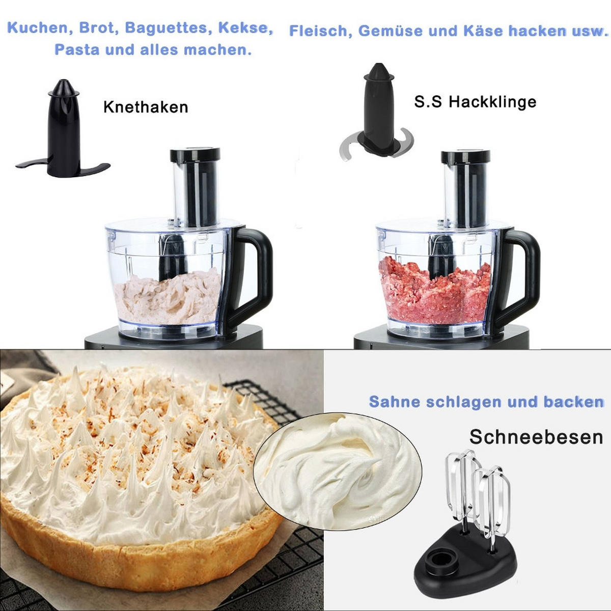 KÜCHENMASCHINE MULTIFUNKTIONS, 1100W Leistung, HACKEN SCHNEIDEN KNETEN, Edelstahl, 40,7/27,2/40,7 cm - Dunkelgrau, Metall (27.2/40.71/40.71cm) - Rolipo
