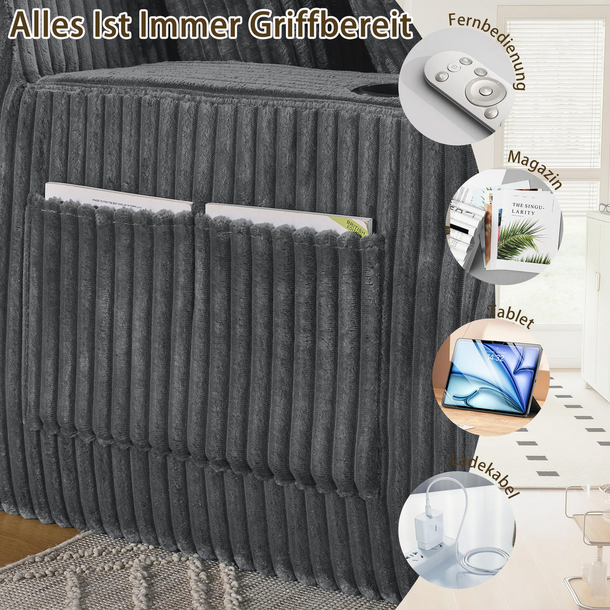SCHLAFSOFA 186/154/78 cm Grau Cord mit seitlicher Magazintasche und Getränkehalter - Grau, Textil (186/78/154cm) - Oxeza
