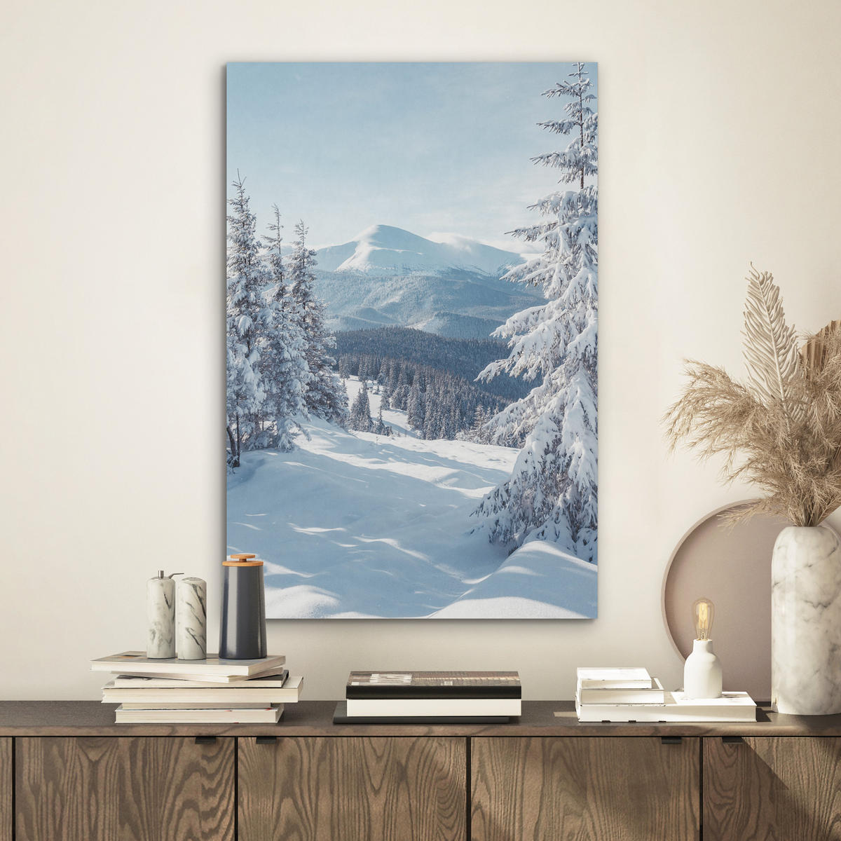 AKUSTIKBILD Winterlandschaft - Natur - Berge - Bäume - Schnee Kunstdruck Schlafzimmer 50x70 cm - Hellblau, Kunststoff (50/70/0.9cm) - MuchoWow