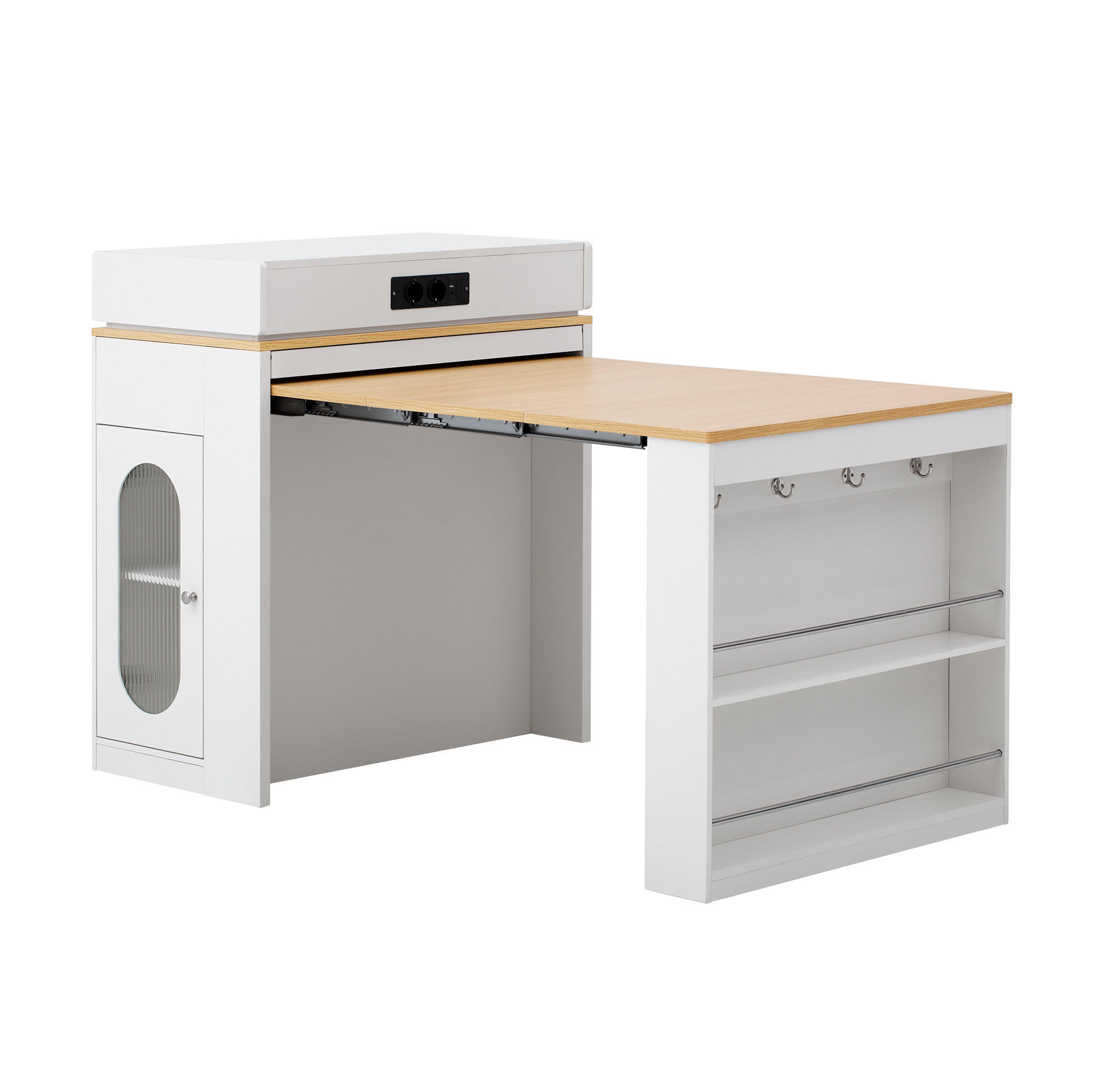 Modfu KUCHYŇSKÝ ostrůvek z MDF a skla 146x83x96 cm bílý s výsuvnou skládací deskou, zásuvkami a integrovanými zásuvkami