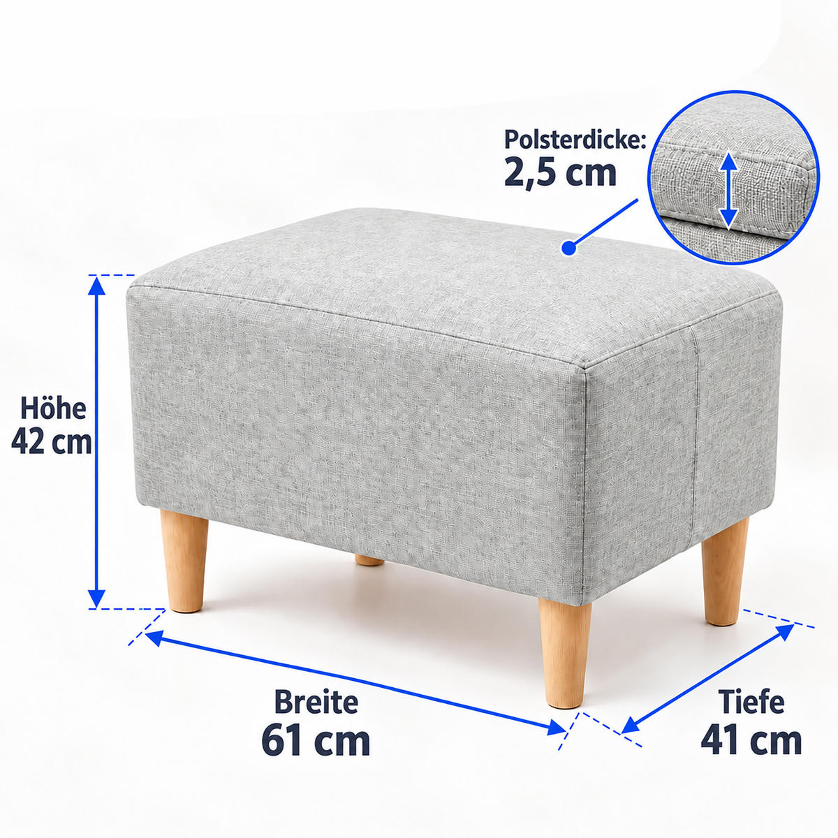 FUSSHOCKER Hellgrau gepolstert Holzfüße - Grau, Holz/Textil (61/42/41cm) - Relaxdays