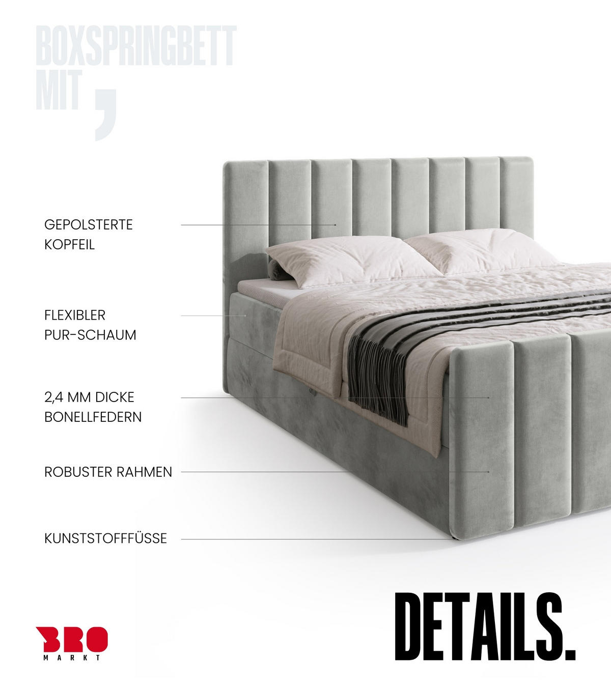 BOXBETT Denver DUO mit Topper 160x200 Grau - Hellgrau, Textil (160/200cm) - Bromarkt