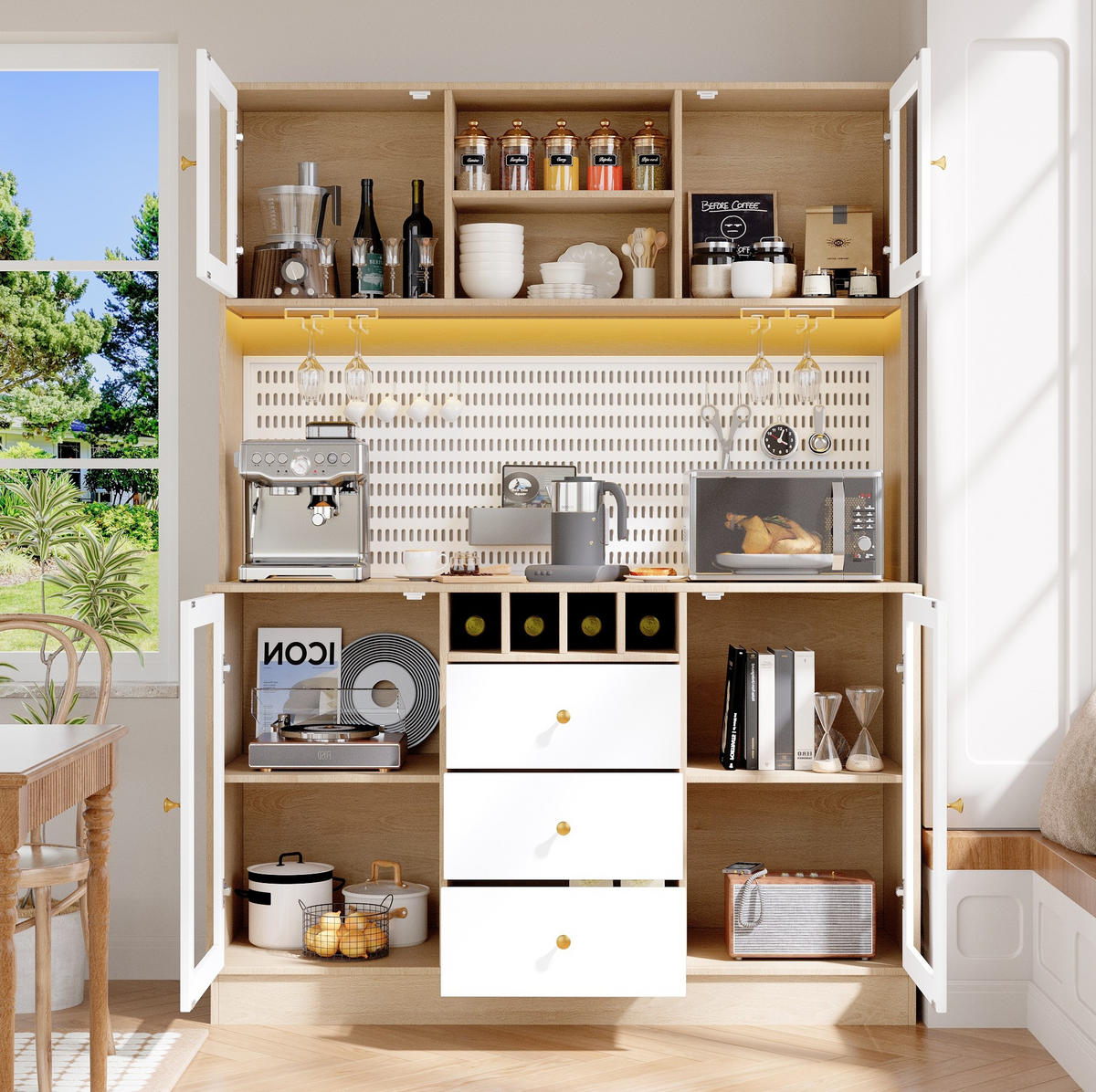 HIGHBOARD in Weiß Küchenschrank mit LED-Lichtleiste und Schubladen für Küche und Wohnzimmer, B140/T40/H185.7 cm - Transparent/Weiß, Glas/Holzwerkstoff (140/185.7/40cm) - STILVORA