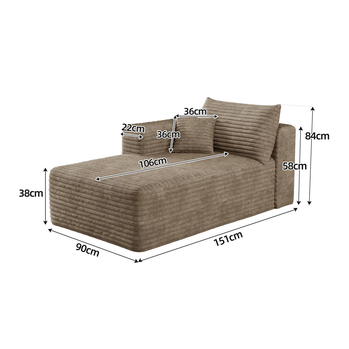 RÉCAMIERE DE-34736 rechte Chaiselongue mit Corduroy Kamel - Sandfarben, Textil (90/58/151cm) - ComfortXL