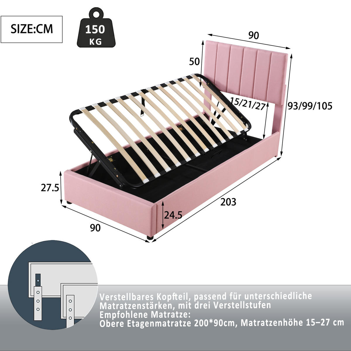 POLSTERBETT 90/200 cm rosa hydraulisches Stauraumbett mit verstellbarem Kopfteil - Pink, Textil (90/200cm) - OKWISH