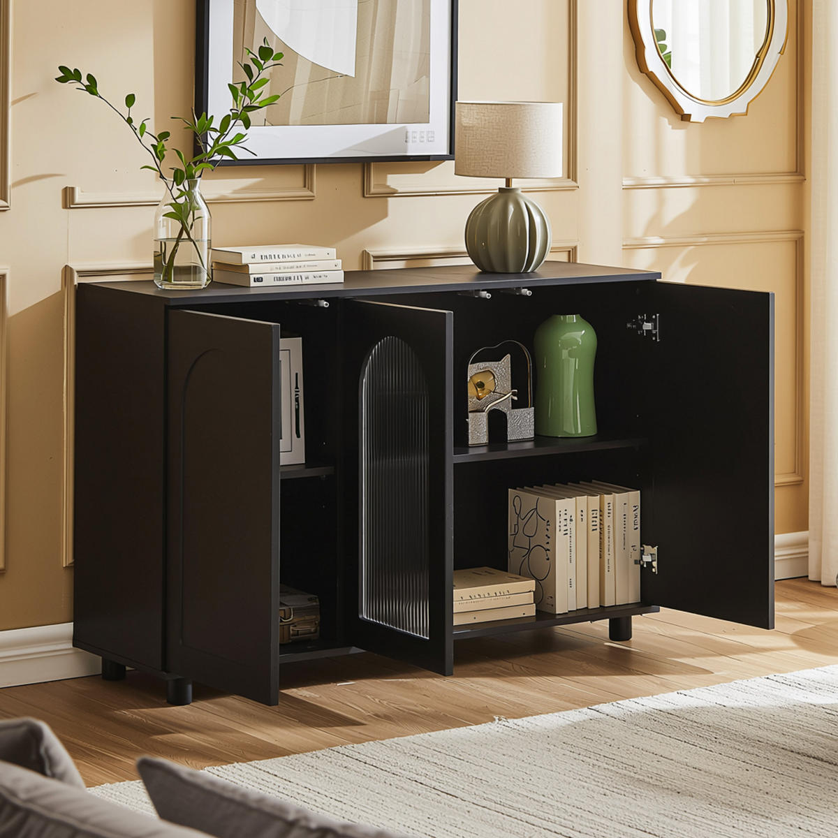 SIDEBOARD 120 cm Schwarz MDF mit Glastür, Push-to-Open und verstellbaren Regalen - Schwarz, Holzwerkstoff (120/78.5/40cm) - Urban Meuble