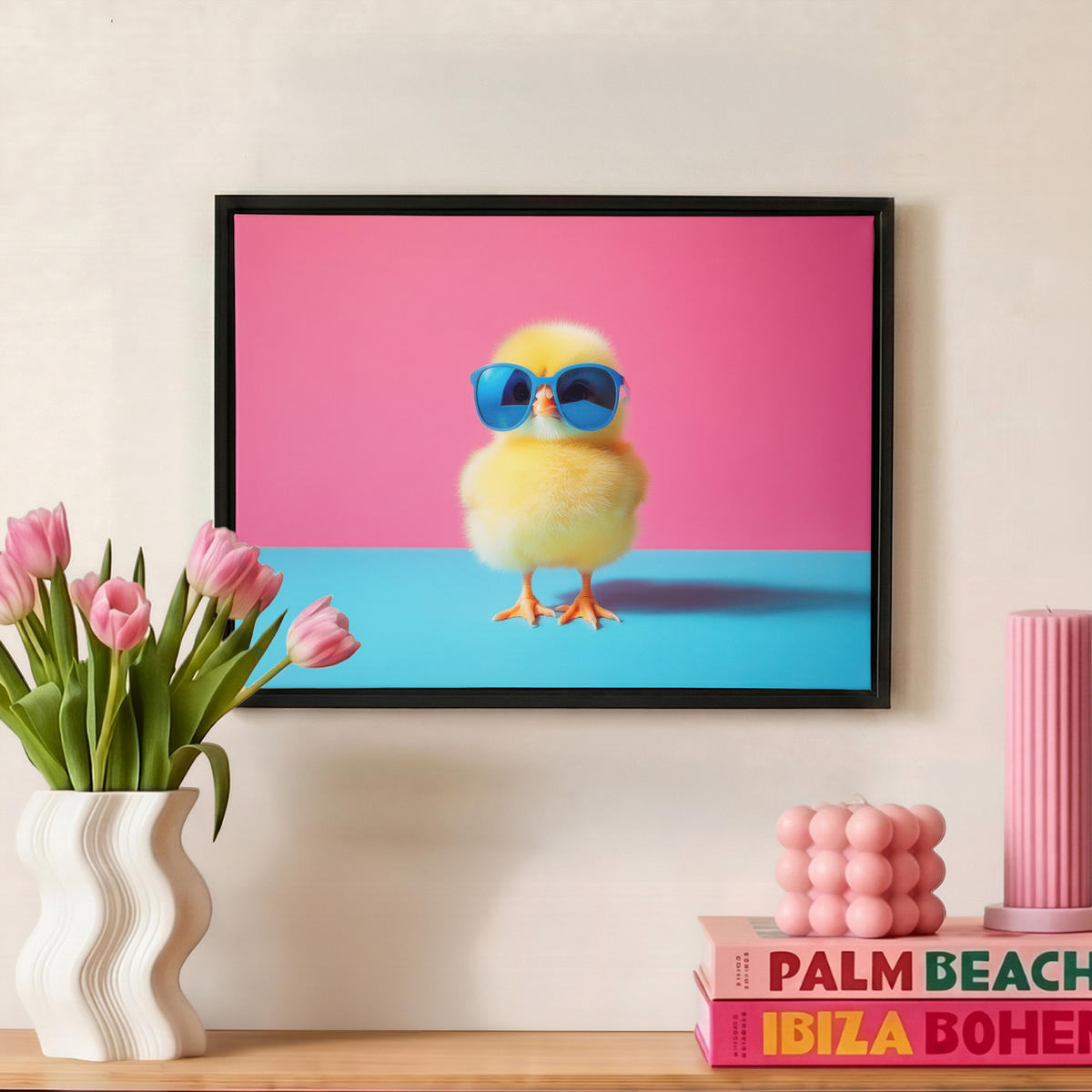 LEINWAND Bilder mit Rahmen - Chick - Sonnenbrille - Blau - 40x30 - Pink, Textil (40/30cm) - MuchoWow