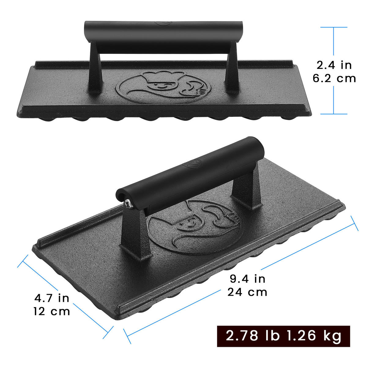 GRILLPRESSE,GRILLPRESSE, Schwarz, 3lb Gusseisen, Smash-Burger-Presse mit Hitzeschutzgriff - Schwarz, Metall (24/6.5/12cm) - Gourmet Easy
