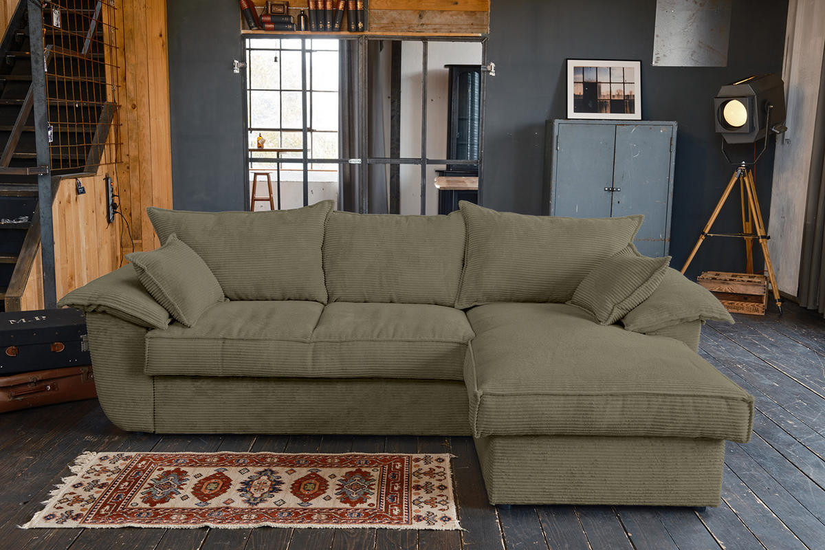 ECKSOFA DAMETO Grün Cord - Schwarz/Olivgrün, Kunststoff/Textil (266/174cm) - KAWOLA