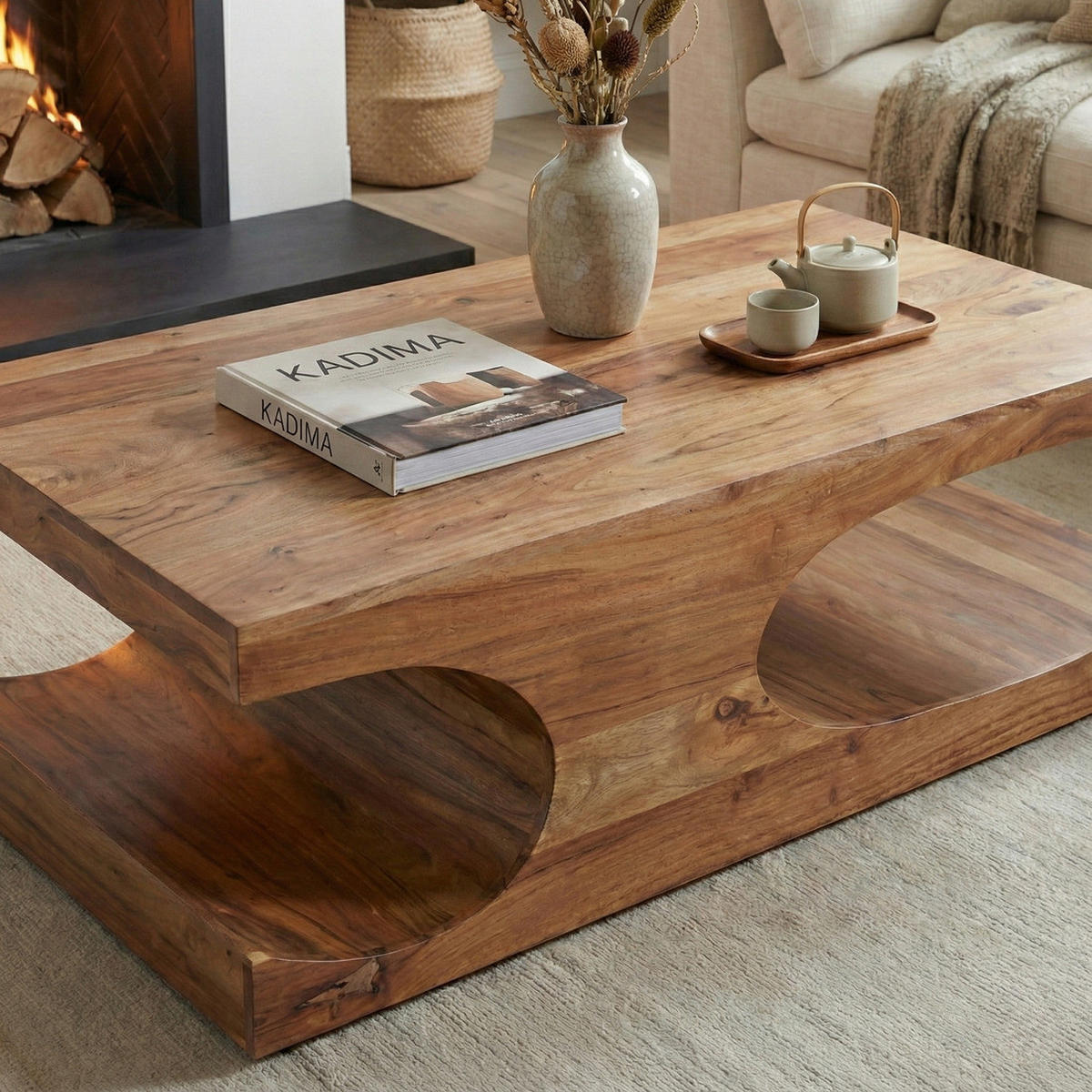 COUCHTISCH Massivholz mit zwei Ablagefächern, handgefertigt und pflegeleicht, Beige 118x70x38 cm - Beige, Holz (70/118/38cm) - KADIMA DESIGN