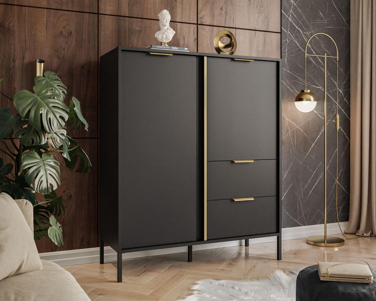 KOMMODE LARETTO 2D2S anthrazit - Schwarz, Holzwerkstoff (103/123.4/40cm) - Lookway