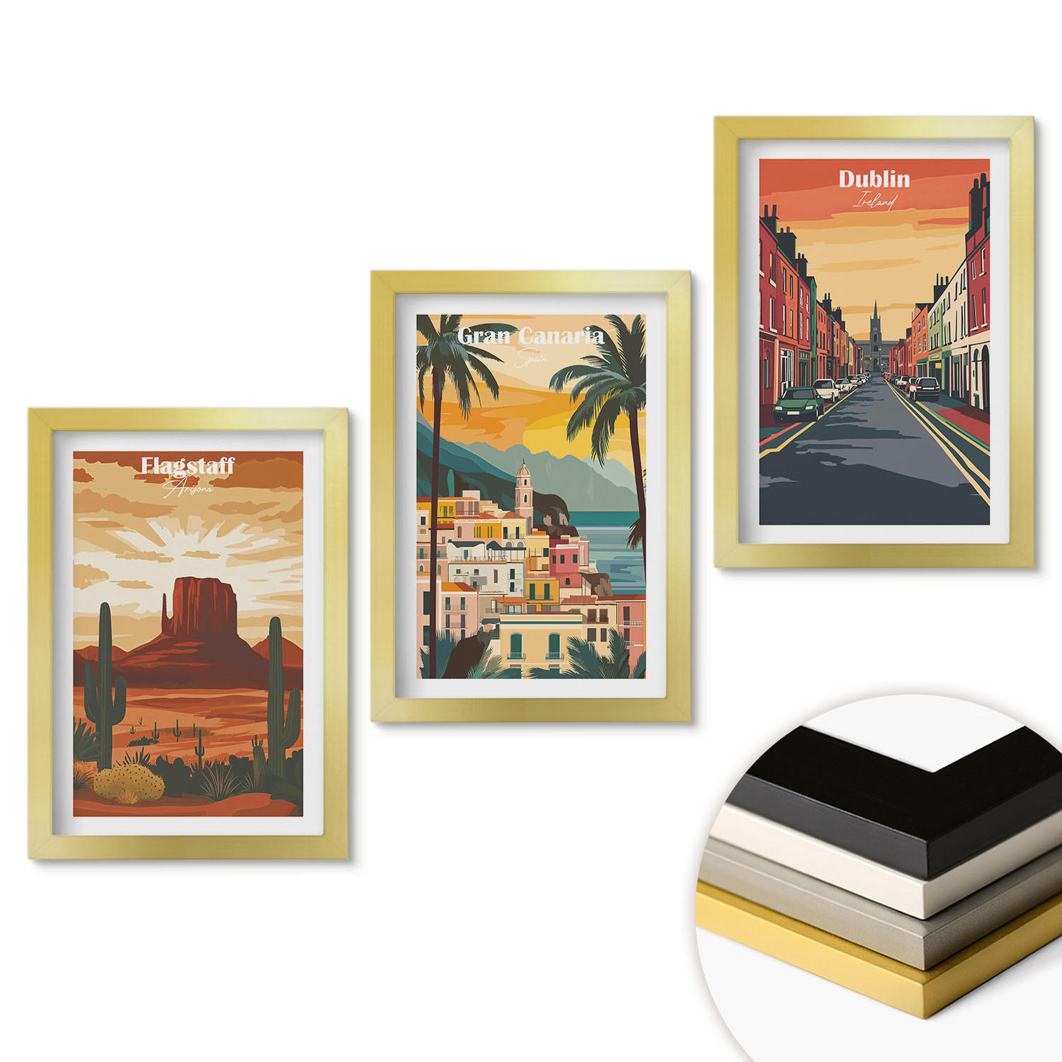 WANDBILDER 3er Set - 20x30 cm Goldrahmen - Landschaften natürlicher Städte - Goldfarben, Kunststoff (20/30cm) - ArtPrintCave