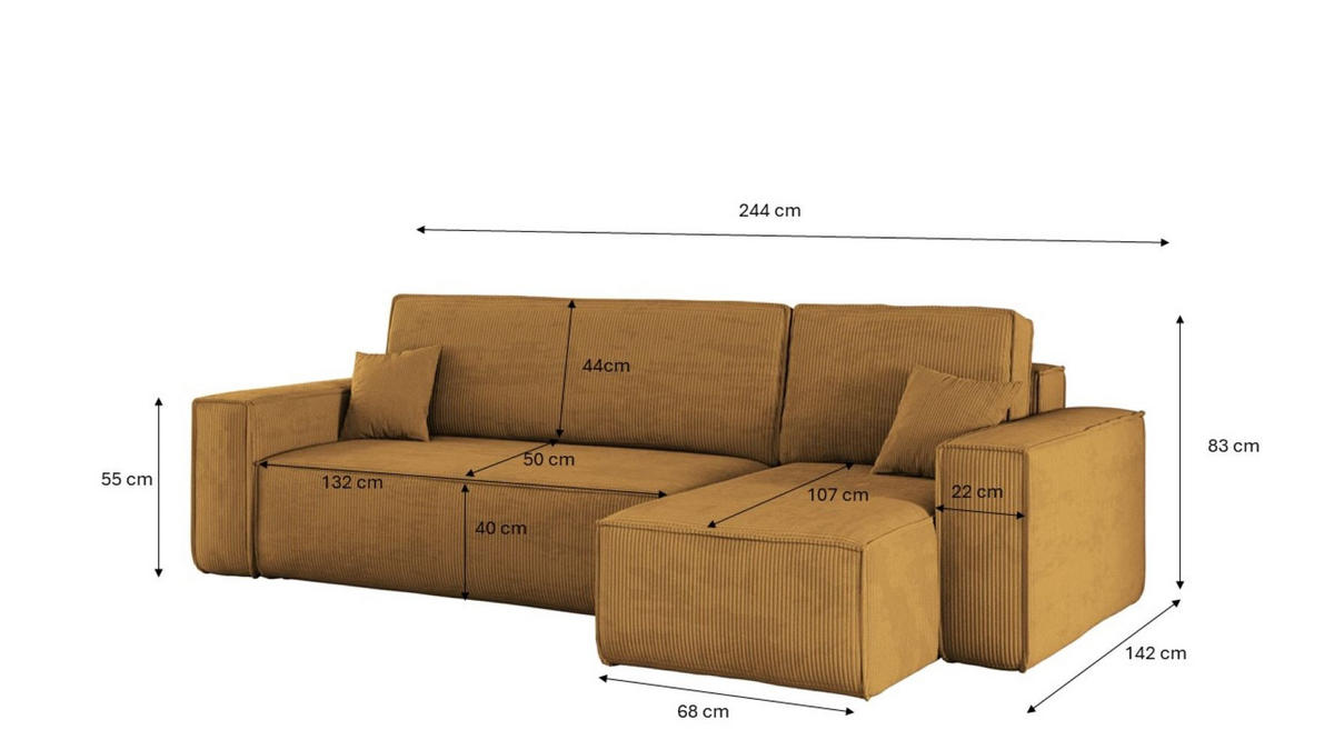 ECKSOFA Mit Schlaffunktion Und Bettkasten BEST Stoff Poso Dicker Cord Senffarbe Rechts - Gelb, Holz/Textil (244/142cm) - Kaiser Möbel
