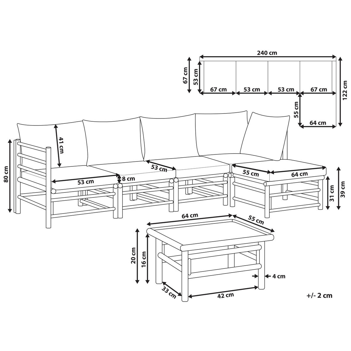 LOUNGE SET 5-Sitzer Bambusholz hellbraun 3-teilig Auflagen taupe Cerreto - Taupe, Holz - Beliani