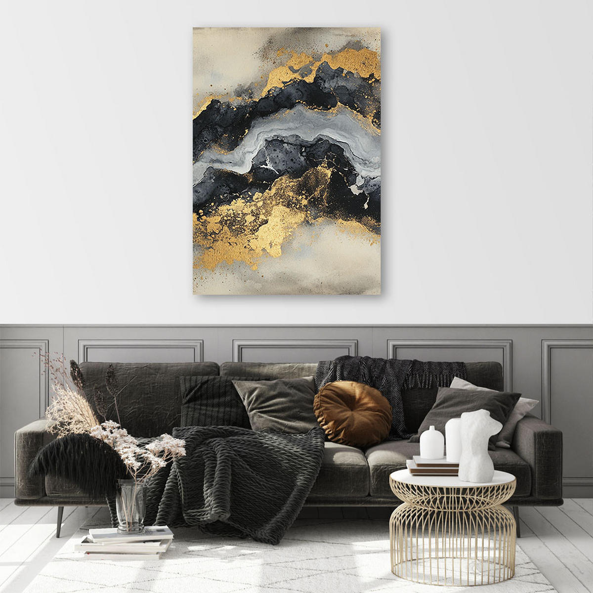 LEINWANDBILD Schwarz weißer Marmor mit Gold - Goldfarben, Textil (40/60cm) - Feeby