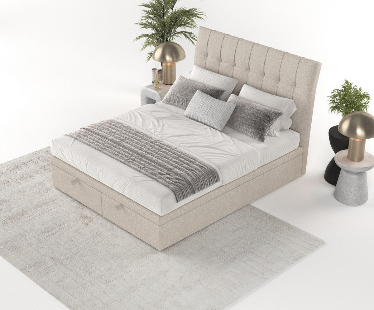 POLSTERBETT Kelsea mit Stauraum 160/200 cm Hellbeige im Megan Stoff - Sandfarben/Schwarz, Holz/Holzwerkstoff (160/200cm) - AltaBeds