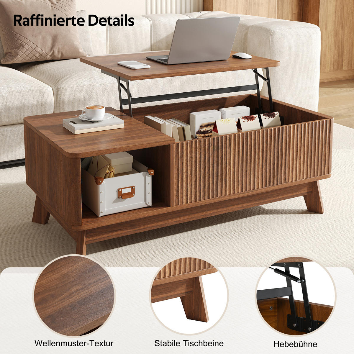 COUCHTISCH holzoptik & 3d-wellen-design mit lift-funktion & verstecktem stauraum - Walnussfarben, Holzwerkstoff (48/95/50cm) - Urban Meuble