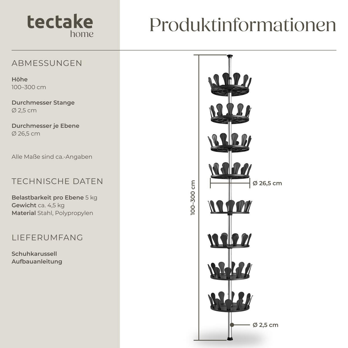 SCHUHKARUSSELL , 26,5 x 100-300 cm, schwarz - Schwarz, Metall (26.5/300/26.5cm) - tectake