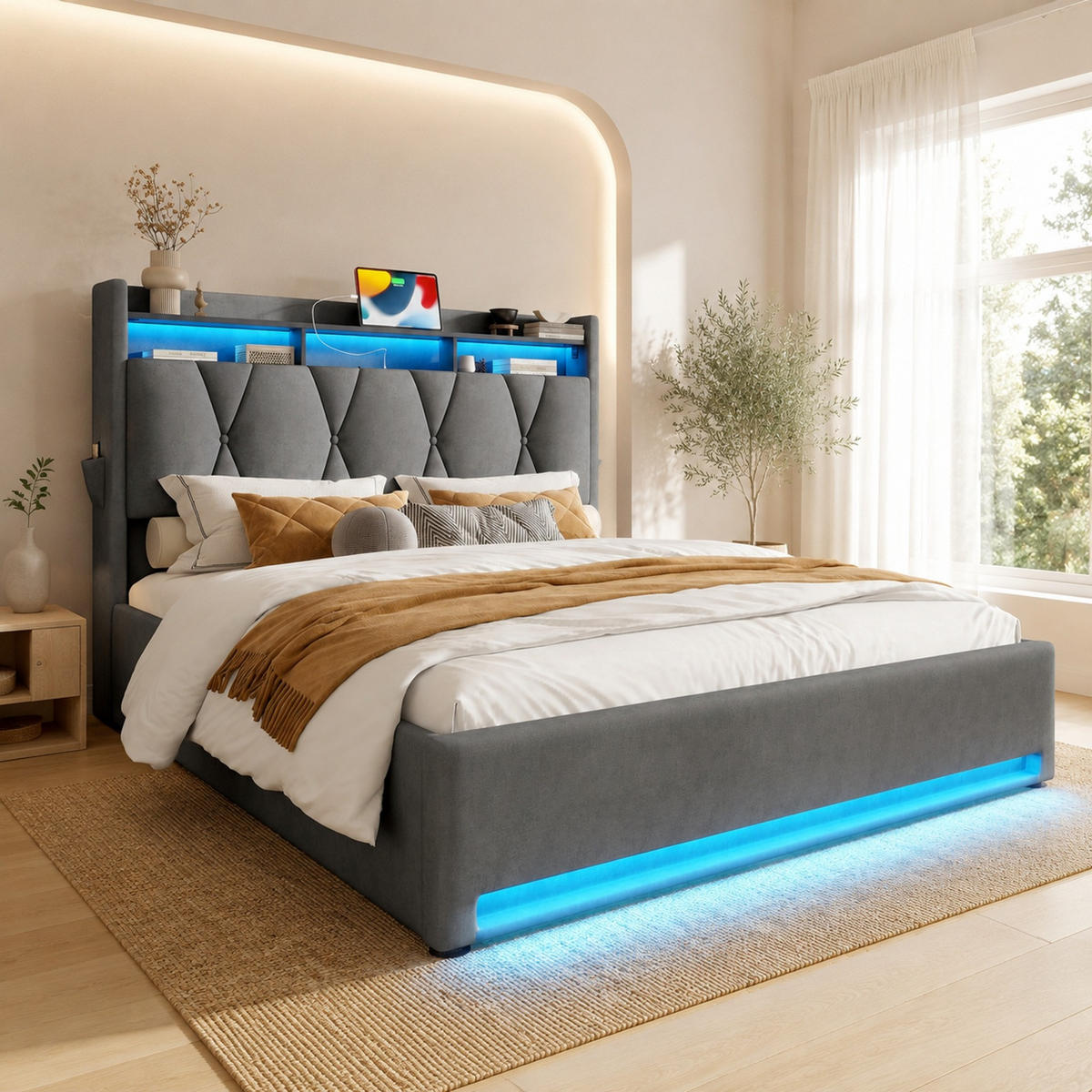 POLSTERBETT 140/200 mit Bettkasten, LED, USB, Type-C und Kopfteilregal in Grau - Grau, Holzwerkstoff/Textil (140/200cm) - EVRYAE