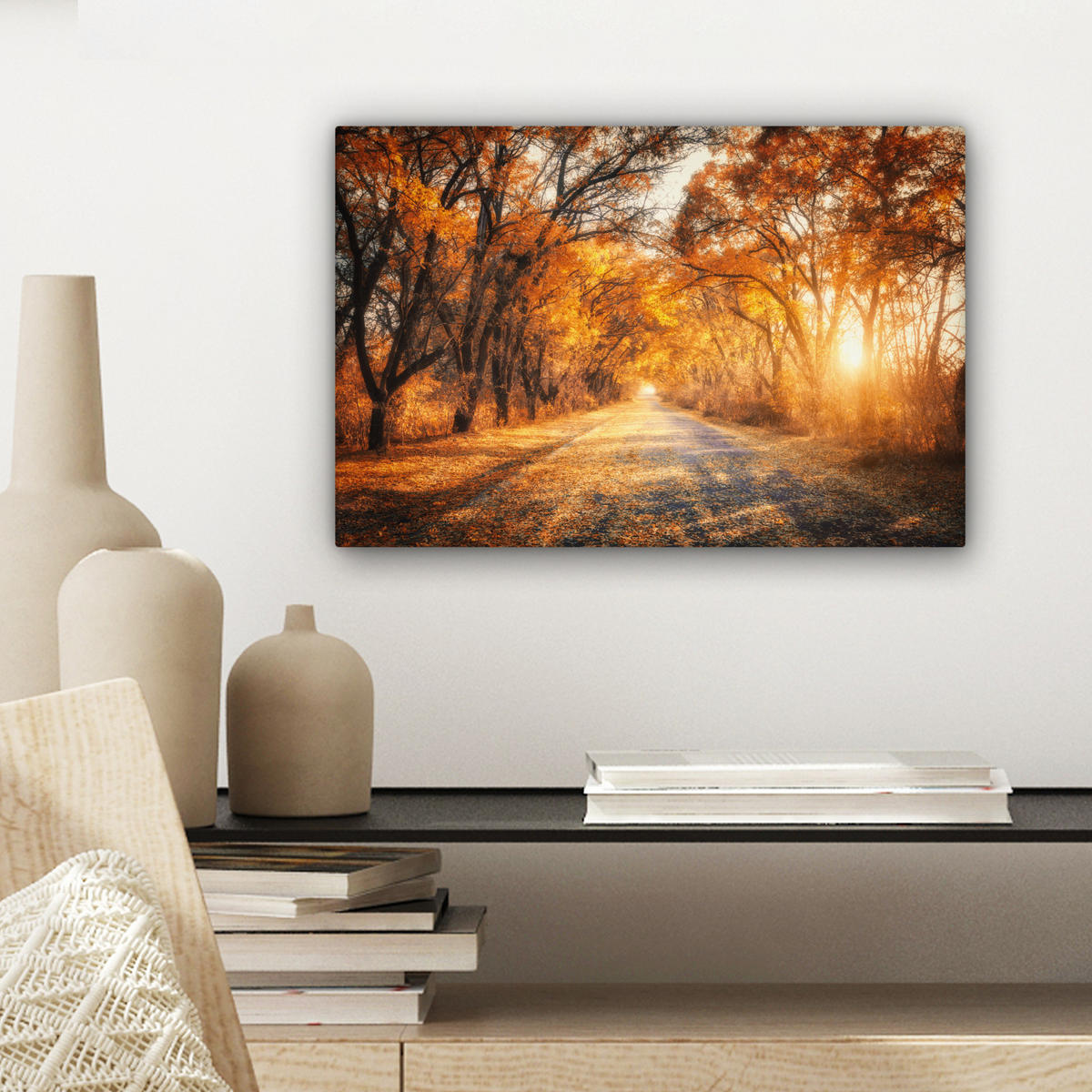 LEINWANDBILD Wald - Herbst - Bäume - Waldweg - Natur 30x20 cm - Bernsteinfarben, Textil (30/20cm) - MuchoWow