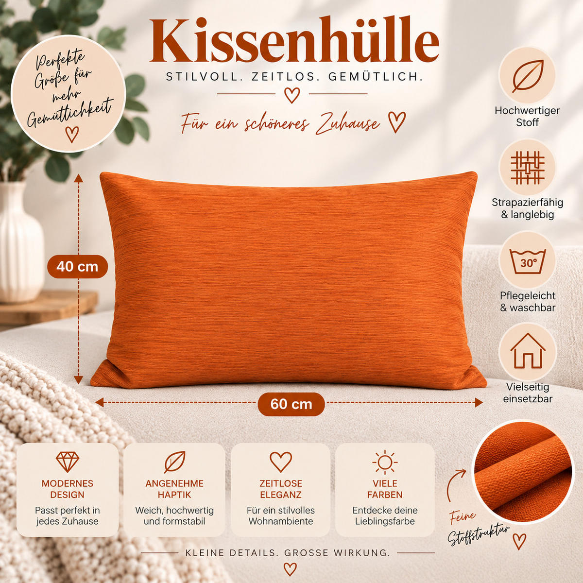 KISSENBEZUG Canada 40/60 cm meliert Orange - Orange, Textil (40/60cm) - TiborTex