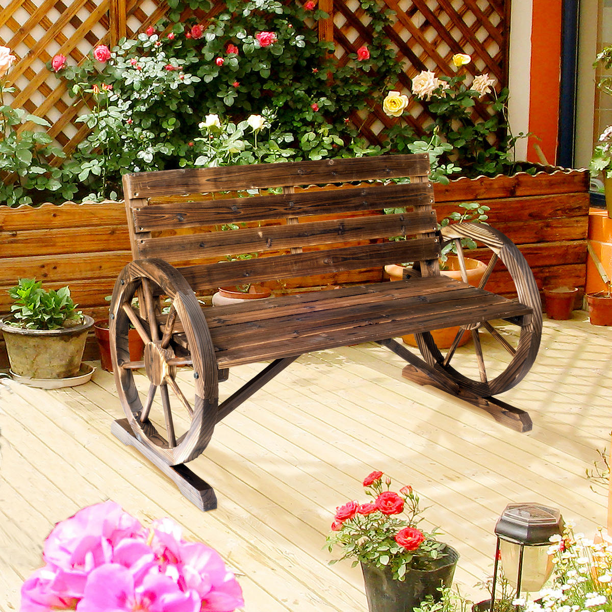 GARTENBANK DE-17756 3-Sitzer mit Wagenrädern & Lattenrost Carbonisiert - Braun, Holz (105.5/75/59cm) - ComfortXL